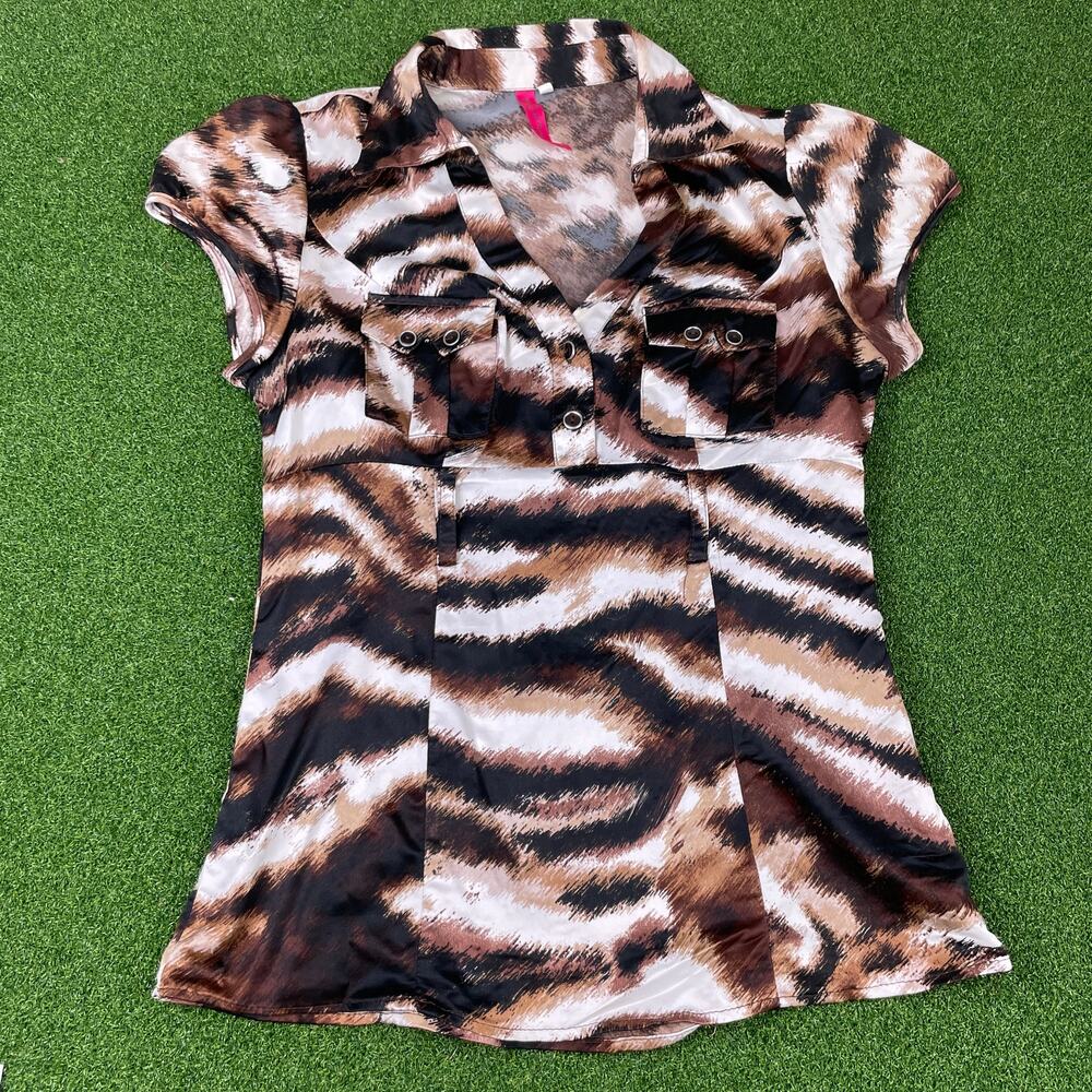 Heart Soul Animal Print Cap Sleeve Pockets Summer Top Sz L